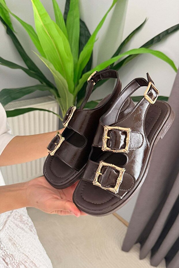 Women's Miko Brown Patent Leather Sandals with Three Buckle Details
