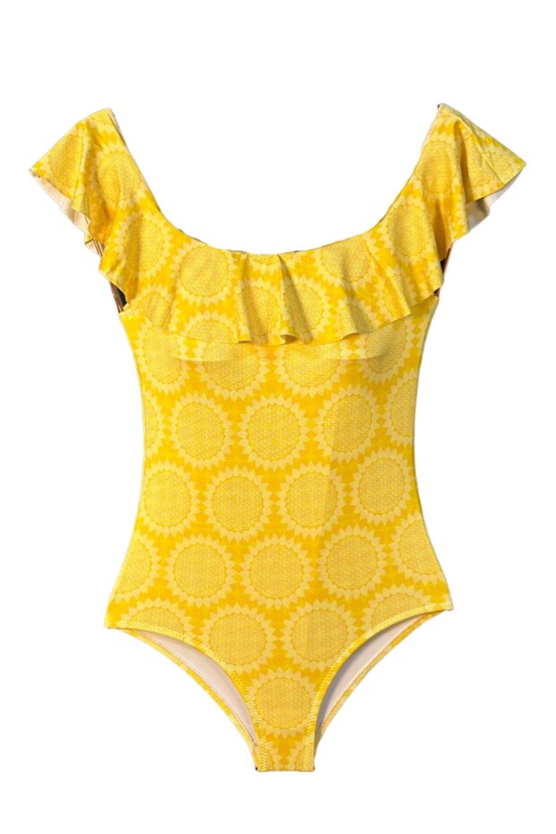 Vivid Geometric Sun Patterned Flounce Girls' Swimsuit
