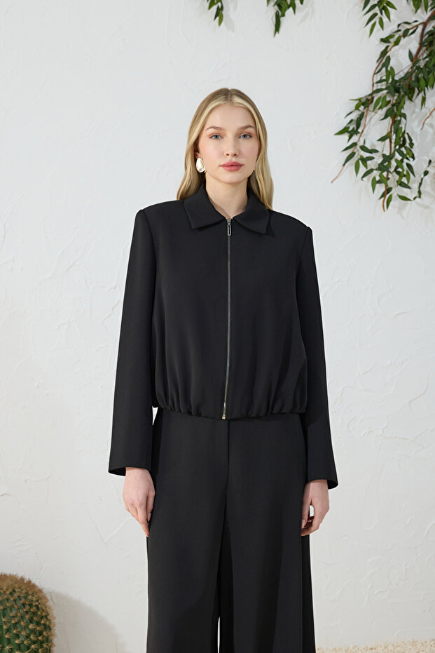 Black Hem Gathered Jacket - 3