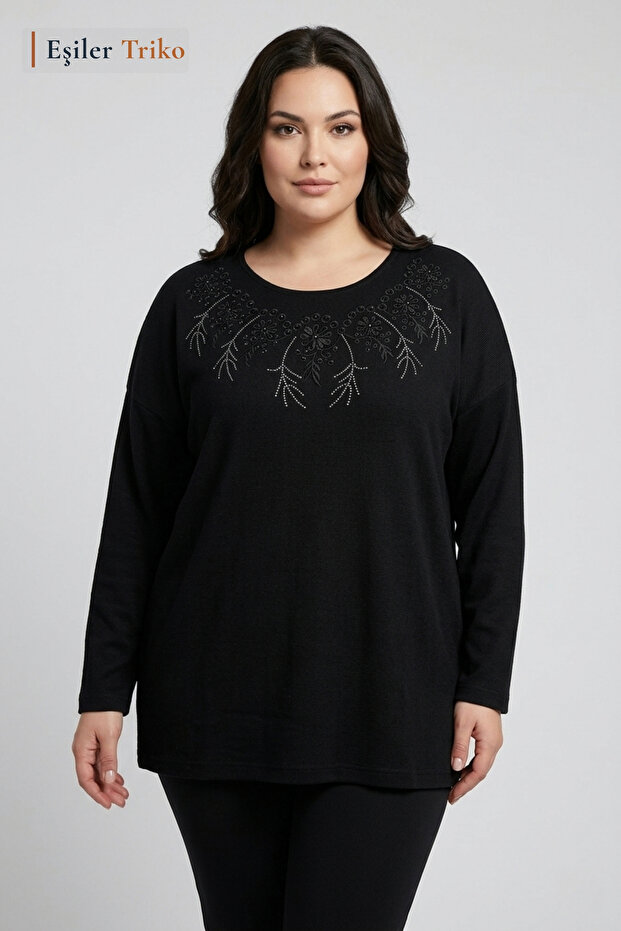 Women's Black Plus Size Daisy Pattern Collar Embroidered, Stoned Mother Combed Cotton Blouse, Oversized Size