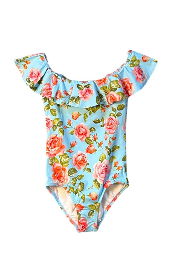 Pink Rose Patterned Flounce Girls' Swimsuit