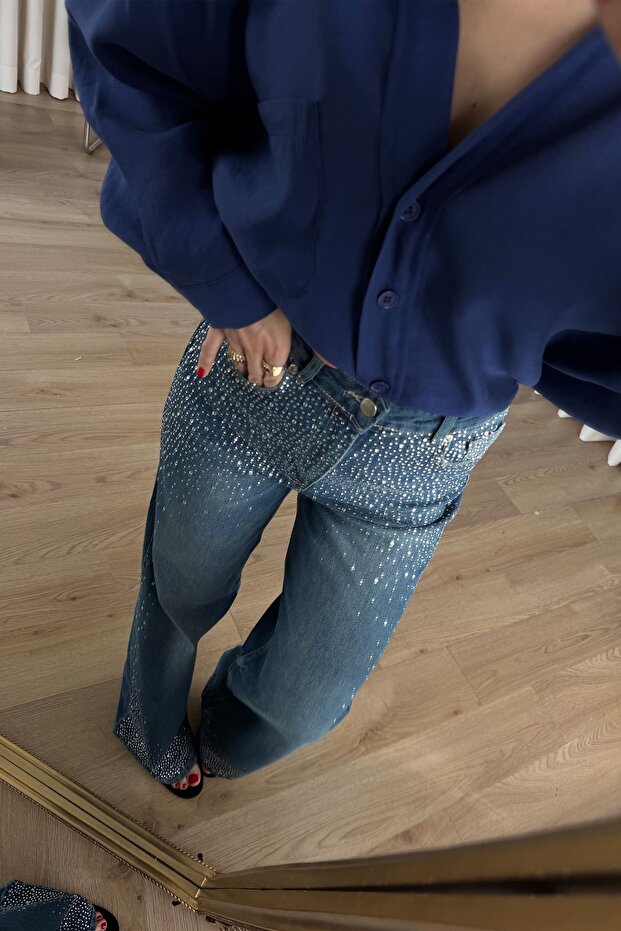 Blue Silver Stone Detailed High Waist Wide Leg Jeans