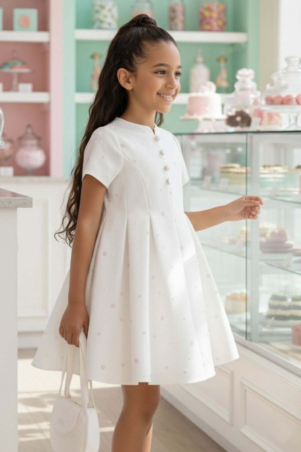 Girl's polka dot birthday/party dress with matching bag - ecru (ages 3-7) 36305pr
