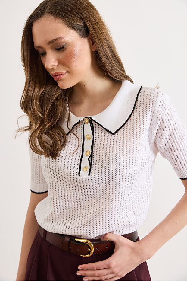 Women's White Stripe Detailed Polo Collar Openwork Knitwear Blouse Blz-19003227