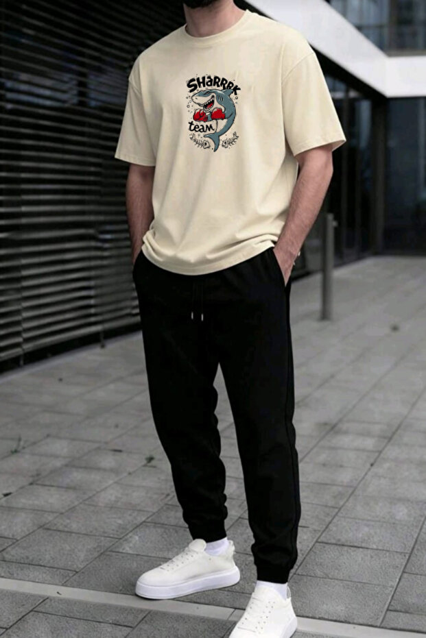 Shark Printed T-Shirt - Jogger T-Shirt Crew Neck Bottom Top Tracksuit Set