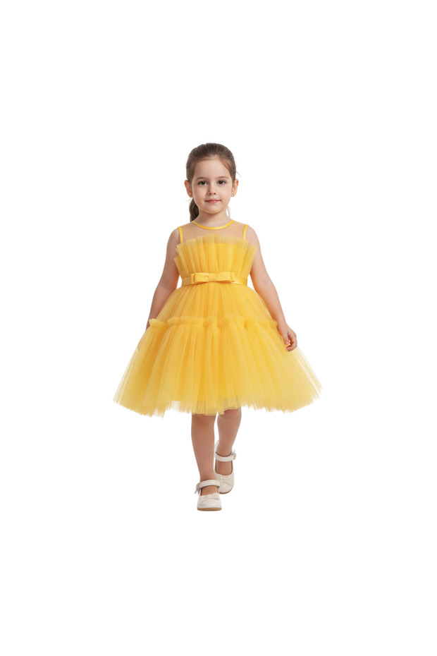 D' Daniela - Girls Bow Front Ruffle Hem Mesh Dress - Multicolor -