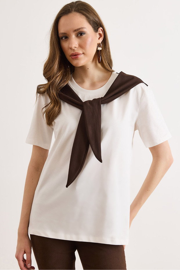 Women's White Coffee Scarf Detailed Cotton T-Shirt Tsh-19000978