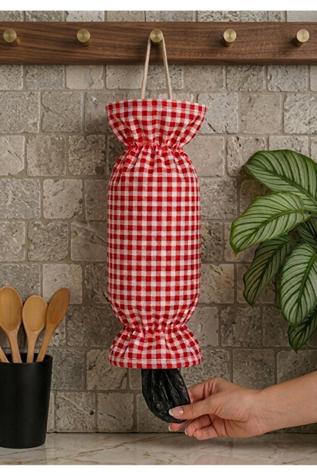 Red and White Gingham Patterned Decorative Bag Holder Cotton Kitchen Organizer Bag