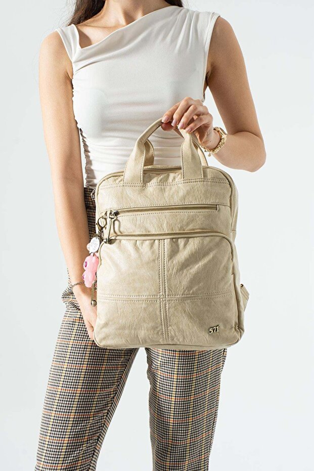 Washed Leather, Multi-Compartment, Laptop Compartment Backpack (Casual, Travel) Beige Model: (571-14-17N)
