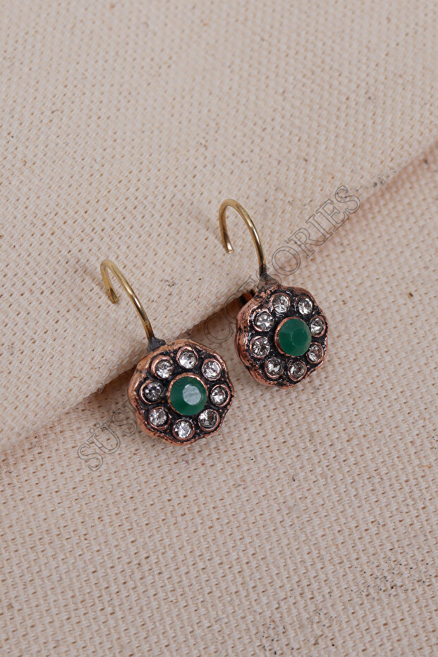 Authentic Earrings with White Green Stone Flower Motif