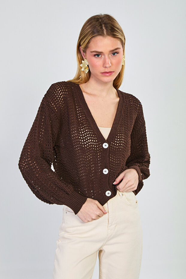 Women's 3-Button Openwork Cardigan - Bitter Brown