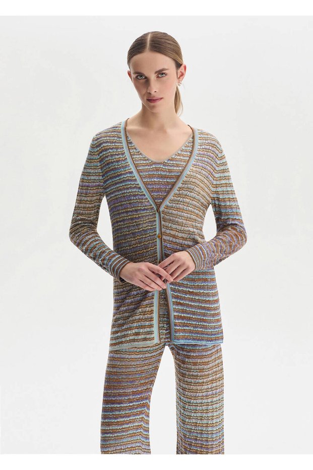 Lilac Color Gradient Knitwear Cardigan with Stoned Buttons