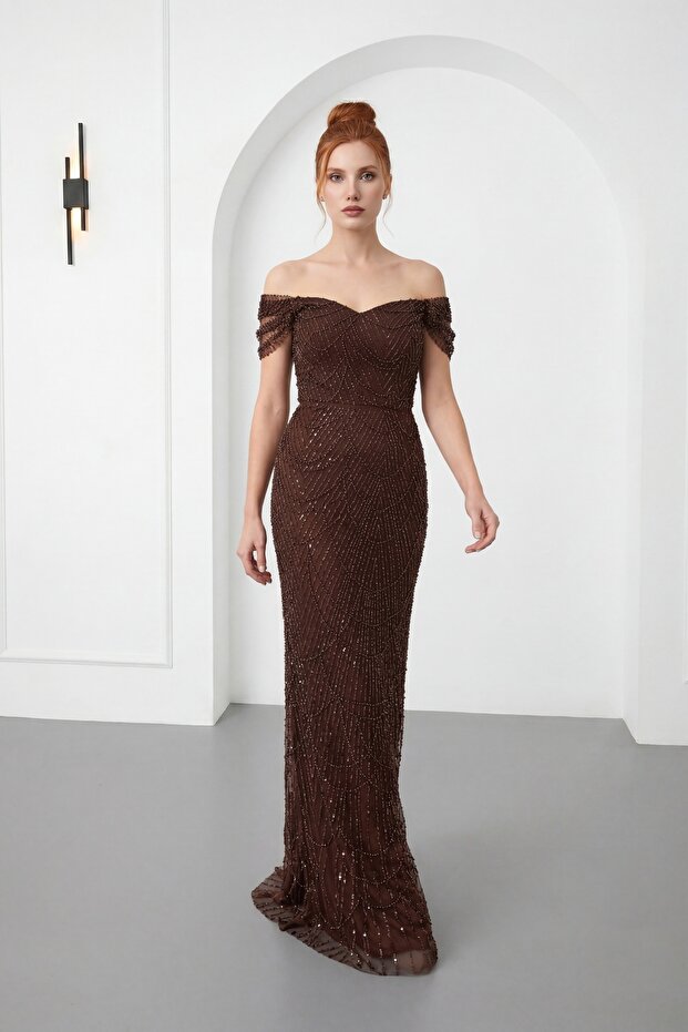 Women's Brown Boat Neck Beaded Long Evening Dress