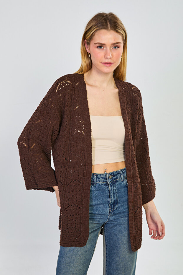 Women's openwork long cardigan - bitter brown