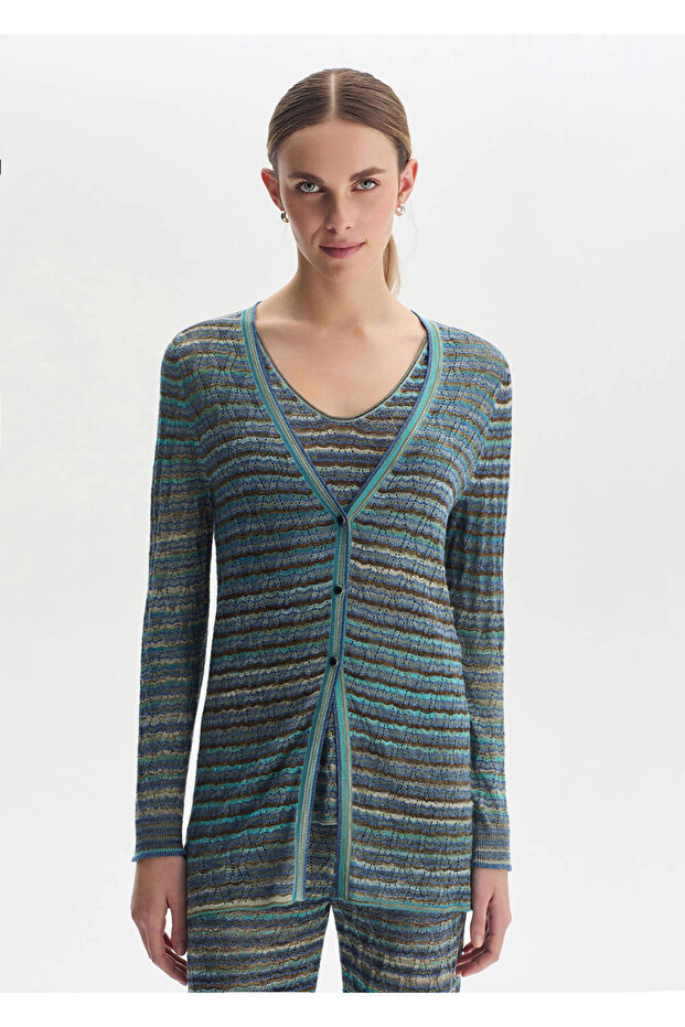 Blue Color Gradient Knitwear Cardigan with Stoned Buttons