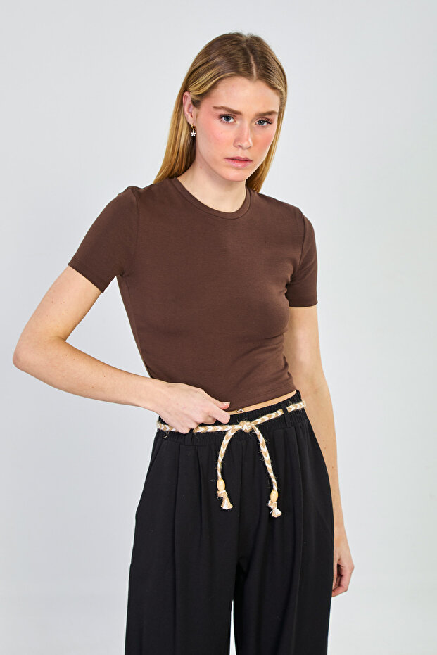 Women's short sleeve basic bodysuit - dark brown
