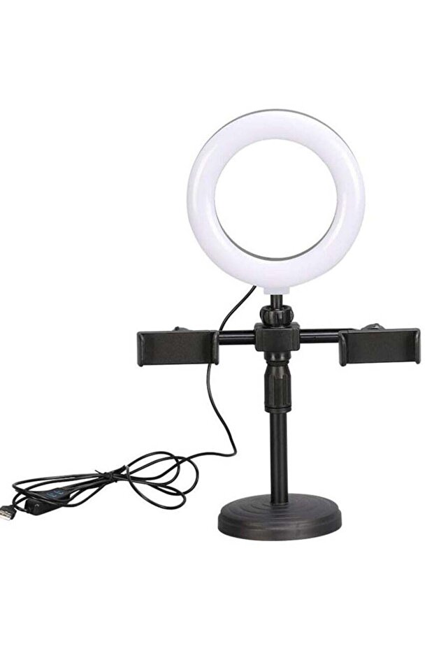 LED Ring Light Dimmable LED Desktop Fill Light 3 Colors Modes with 2/3 Phone Holders Curved Lampshad