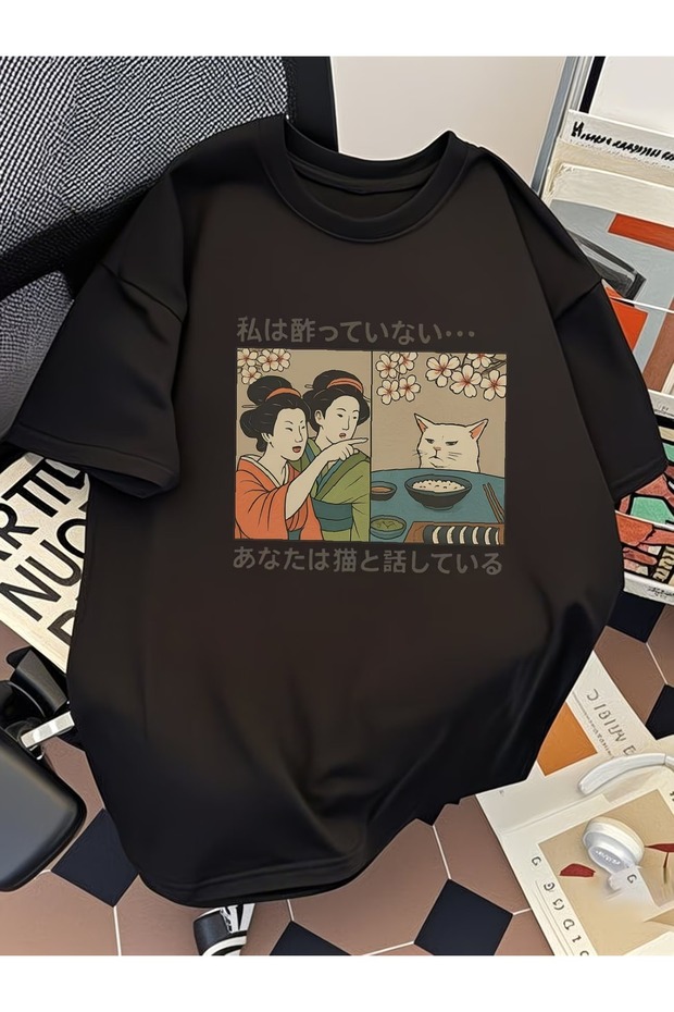 تي شيرت ريترو ياباني مطبوع عليه Ukiyo-e للجنسين مقاس كبير