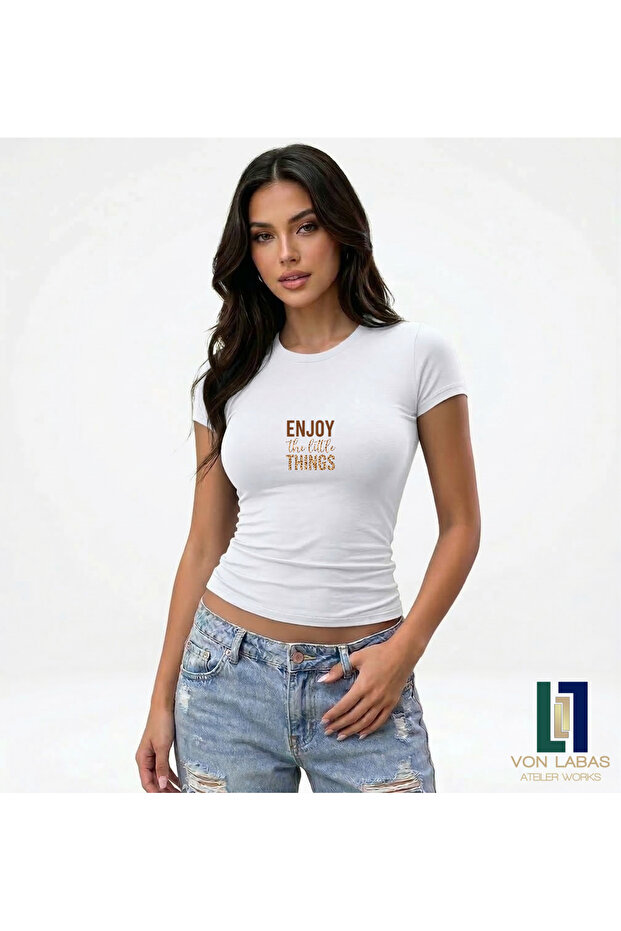 Women's White Special Design Crew Neck Slim Fit Lycra Basic Crop Cotton Combed Cotton T-Shirt (Body Tee)