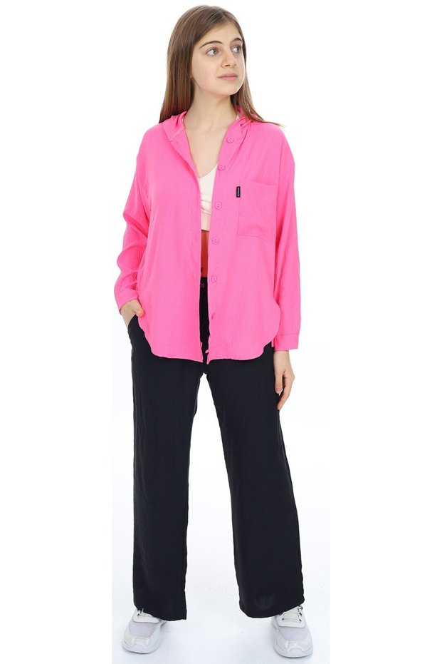 Girl's Shirt Hooded Button Closure Shirt Aerobin Fabric Pink Color Seasonal Two-Piece Set