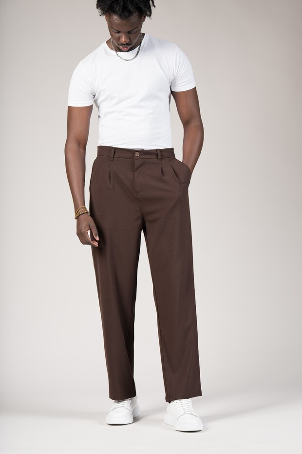 Double Pleated Wide Leg Baggy Summer Fabric Trousers with Elastic Waist at the Back