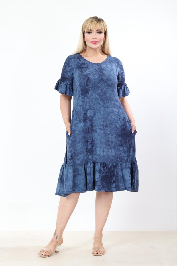 Plus Size Knee-Length Sleeve And Skirt Ruffle detailed short sleeve Stylish Pocket Viscose Combed Cotton Dress