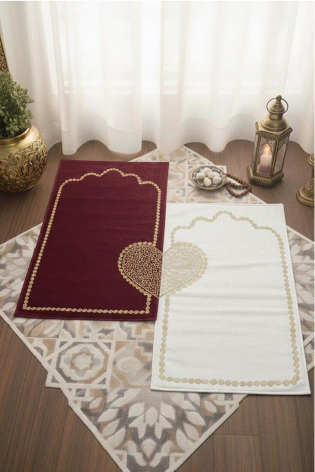 Çeyizdiyarı İrem Velvet 2-Piece Prayer Rug Set Cream Burgundy