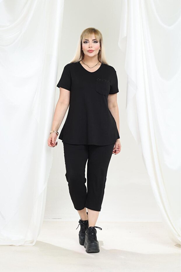 Summer Women's Short Sleeve Capri Stylish Combed Cotton Suit with Stones