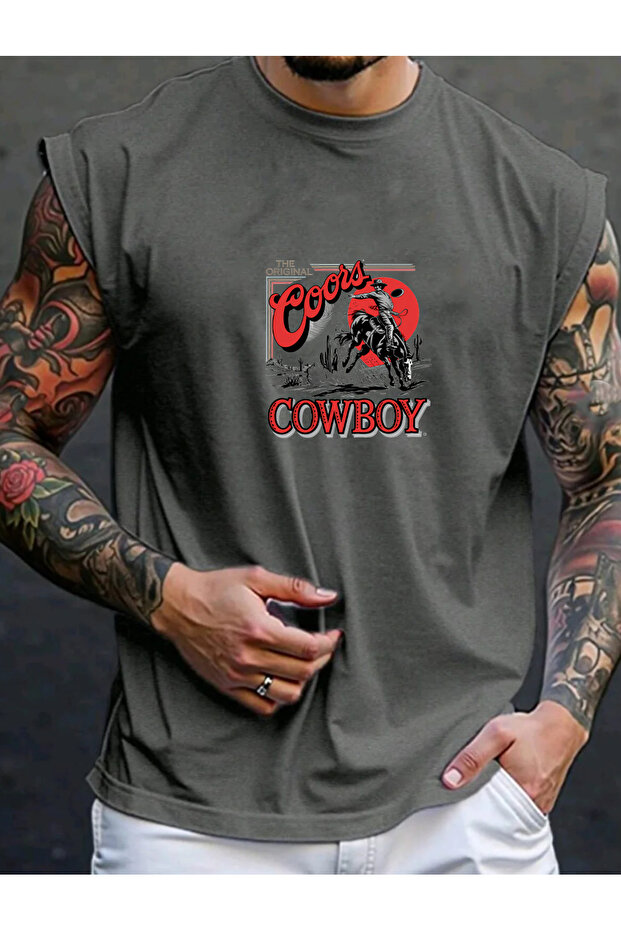 Cowboy Printed Oversize Crew Neck Zero Sleeve Sportswear Men's T-Shirt