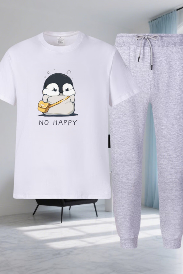 No Happy Printed T-Shirt - Jogger T-Shirt Crew Neck Bottom Top Tracksuit Set