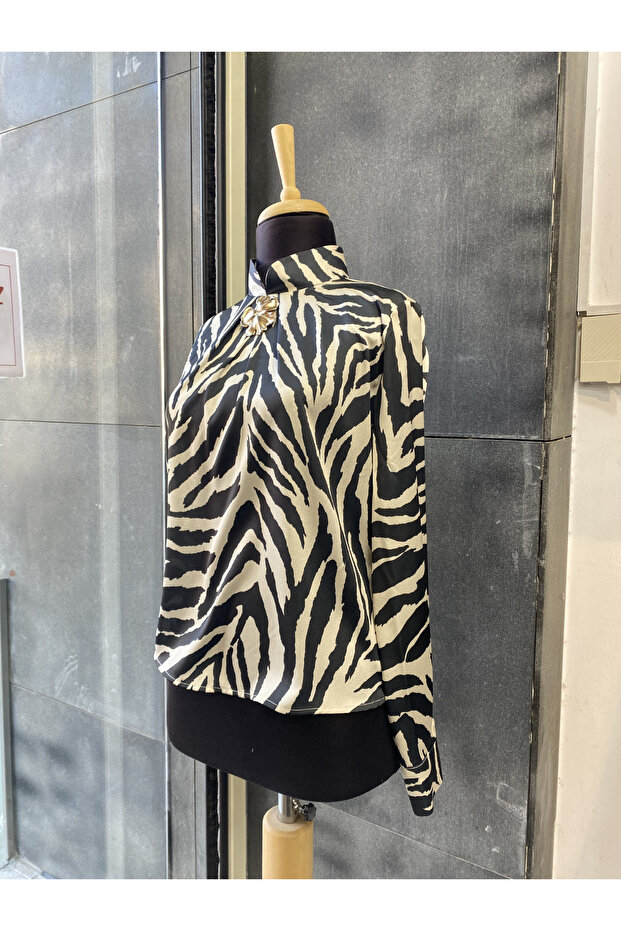 Zebra & Batik Patterned Blouse with Gold Brooch - 3