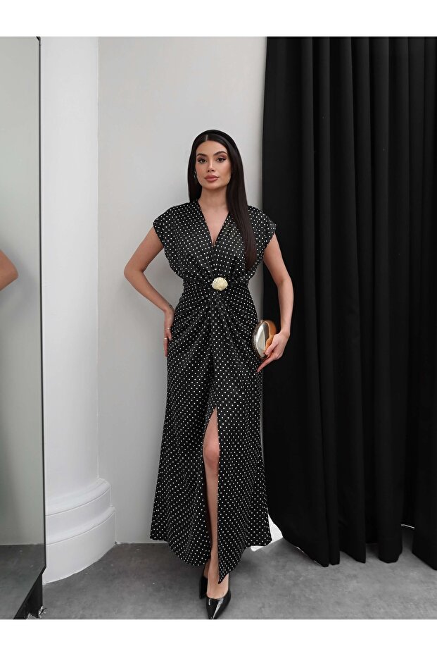 Polka Dot Buckle Detail Slit Dress