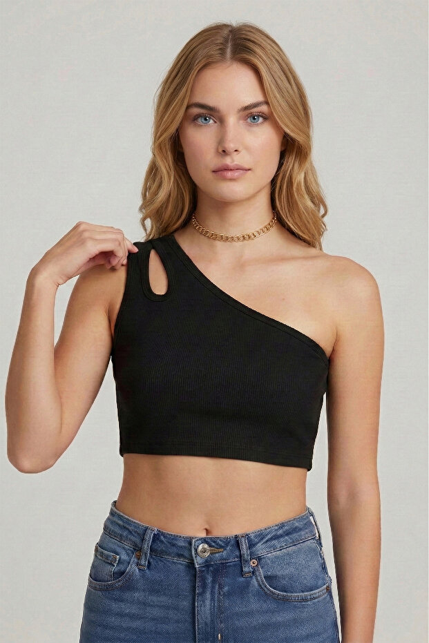 Women's Black One-Shoulder Crop Blouse with Window Detail