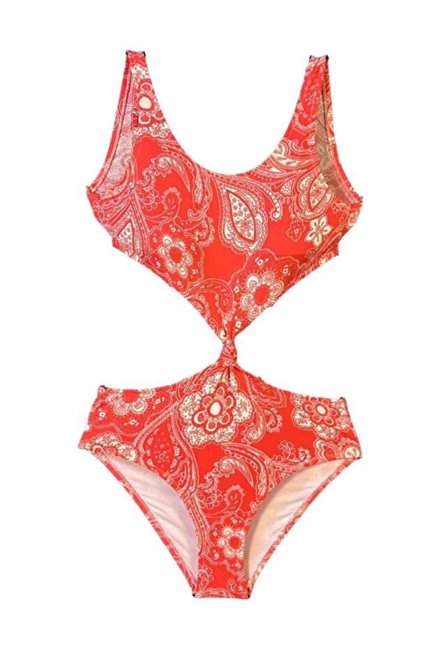 Lubow - Paisley Shawl Patterned Cut-Out Knot Detailed Girls' Swimsuit by Nessi Byrd