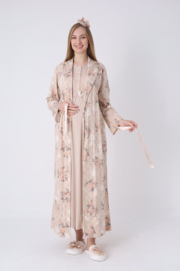 Floral Patterned Lace Detailed Maternity Dressing Gown Nightgown Set - Cotton Maternity Pajama Set