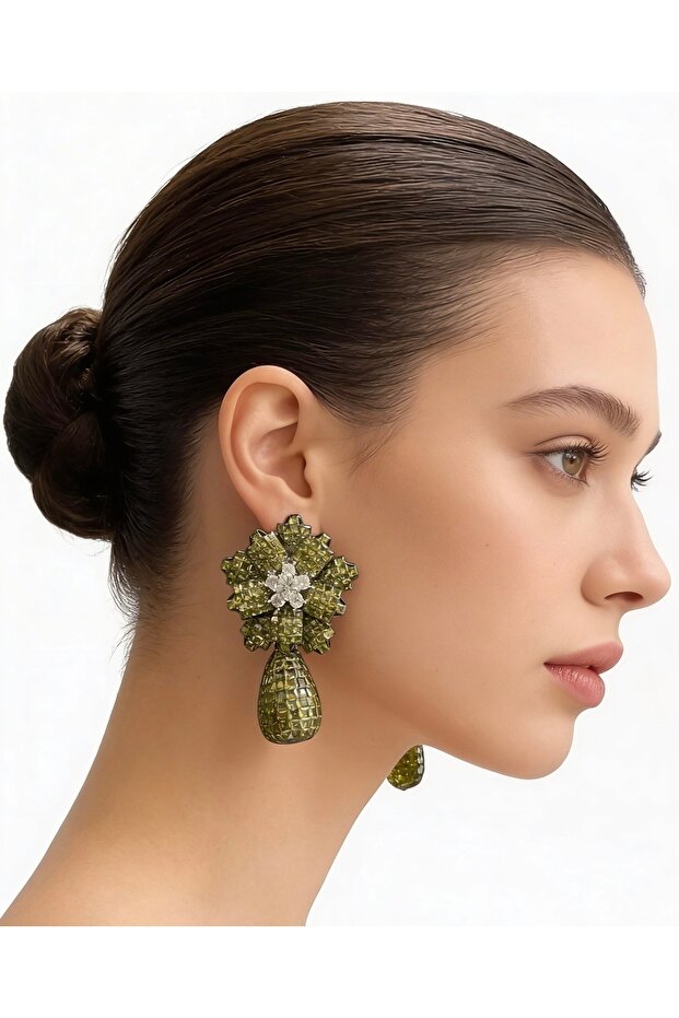 Peridot Bloom Statement Drop Earrings - 2
