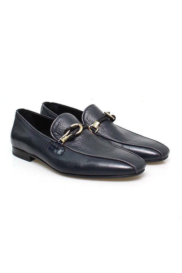 Dark Blue Color Laceless Genuine Leather Men's Shoes (Copy)