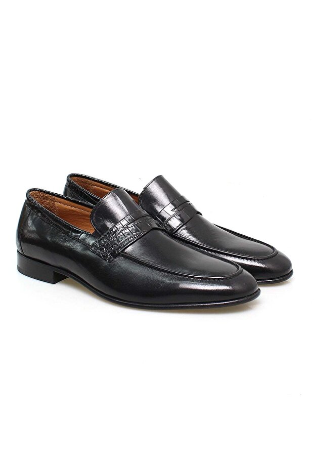 Black Color Laceless Genuine Leather Men's Shoes