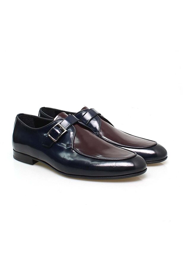 Dark Blue Burgundy Color Laceless Genuine Leather Men's Shoes