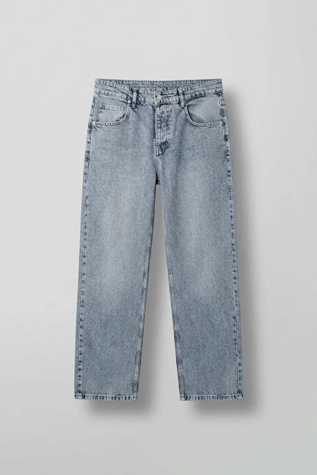 Men's Baggy Fit Washed Straight Leg Jean Trousers Light Blue