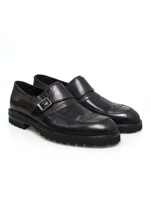Black Khaki Color Laceless Genuine Leather Men's Shoes