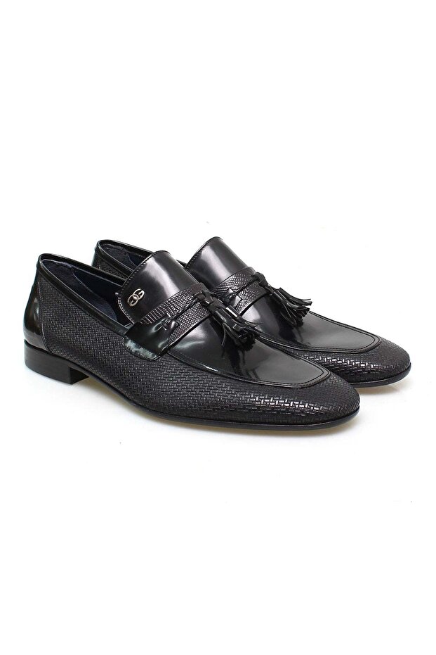 Black Color Laceless Genuine Leather Men's Shoes