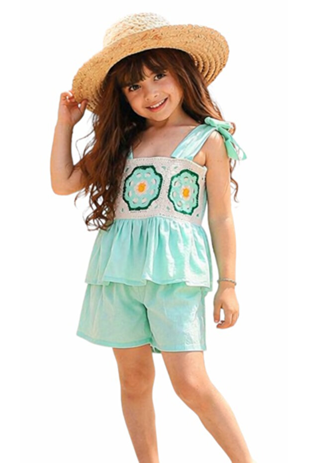 Girl's Ethnic Patterned Halter Neck Blouse with Buttoned Back and Water Green Shorts Two-Piece Set