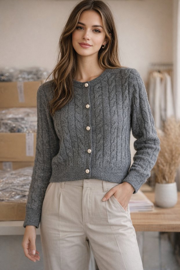Women's Crew Neck Hair Knit Pearl Buttoned Knitwear Cardigan Gray