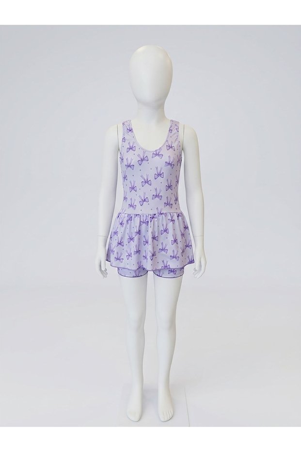 Lilac Patterned Children's Swimsuit with Fır Fır Detail Skirt and Short Tights