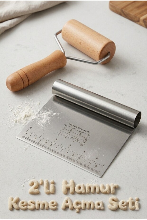 2-Piece Dough Preparation Set - Dough Cutting Scraper with Measuring Guide and Ergonomic Wooden Rolling Pin Set