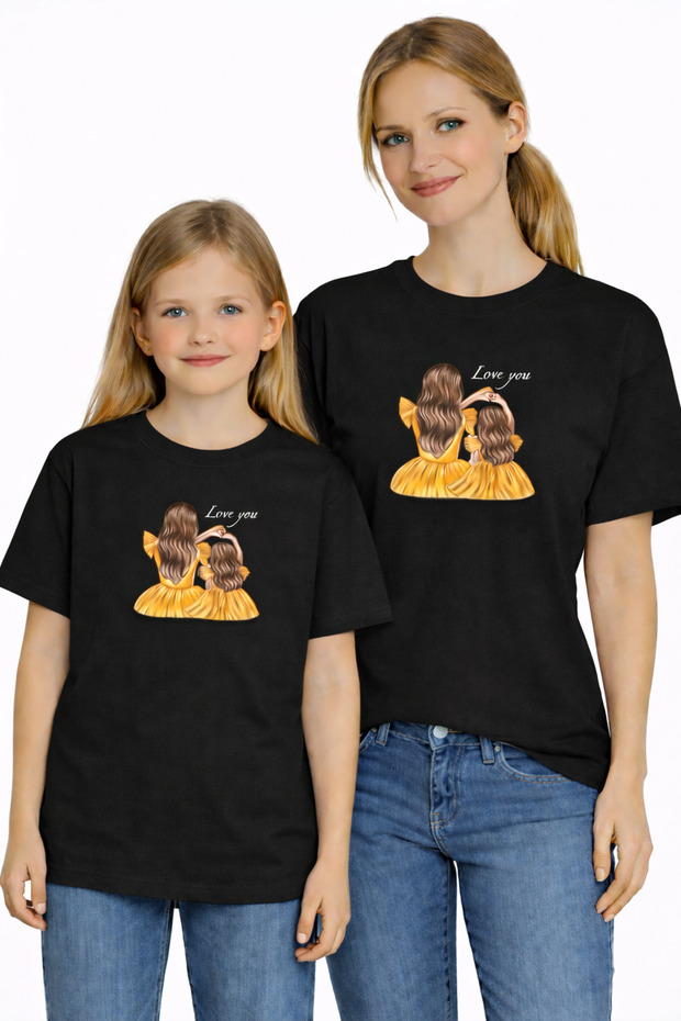 Mother Daughter Combination Oversize T-Shirt Twin T-Shirt Yellow Dress Printed (Single Price)