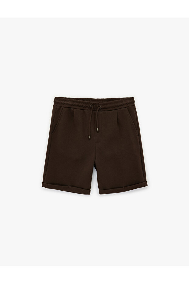 Cotton Pocketed Double-Legged Pleated Bermuda Shorts with Lace-Up Waist