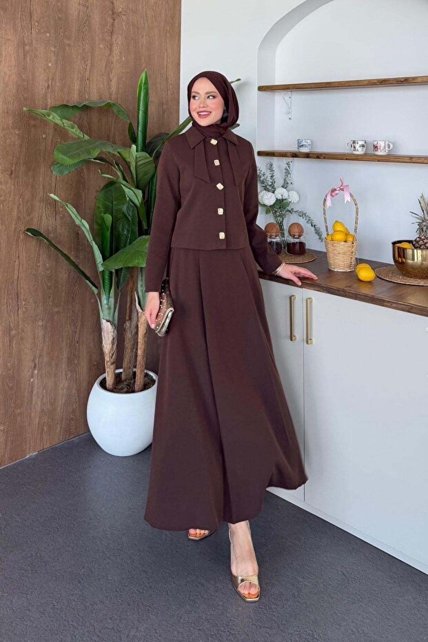 Bow Collar Skirt Suit Brown