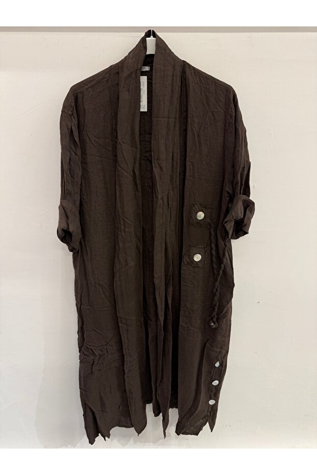 Women's Brown Italian Skirt with Button Slit, Long Oversized Linen Kaftan, Sizes 38 - 46